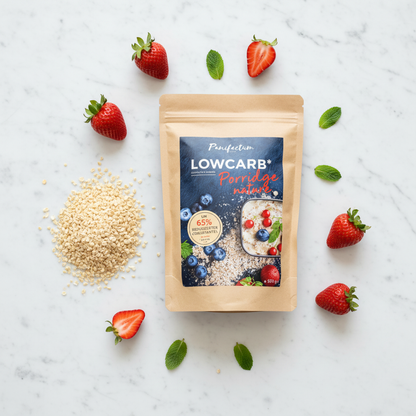 Low Carb Porridge Panifactum Flatlay – Haferflocken mit Erdbeeren und Minze, ketogen, BIO